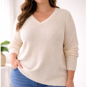 Talbots Sweater Womens 2X Cream Cable Knit Cotton Long Sleeve V Neck Classic